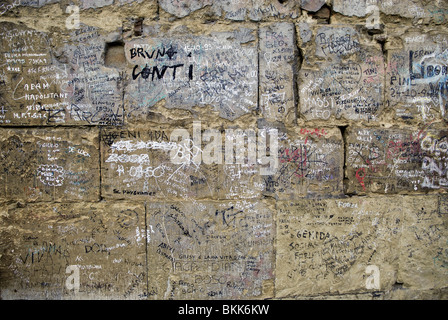 Graffiti and scribbles close up on Ponte Vecchio, famous jewellers bridge in Florence Italy Stock Photo