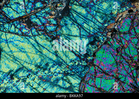 Peroditite Tertiary rock sample photographed 40x to show mineral colours in polarised light Stock Photo