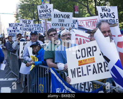 AFL-CIO and other Unions members march to Wall Street demanding good jobs and that banks & Wall Street pay their fair share. Stock Photo