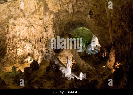 Looking from the Big Room into the Hall of Giants inside Carlsbad Caverns. Stock Photo