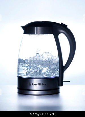 Russell Hobbs modern electric kettle boiling water using Schott Duran heatproof borosilicate glass Stock Photo