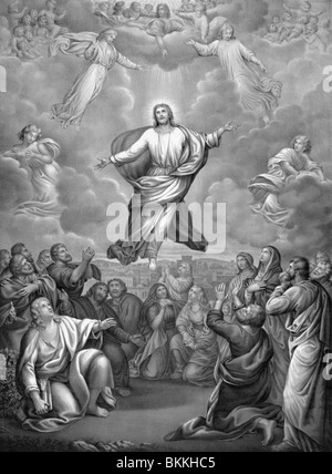 Vintage lithograph print circa 1884 depicting the Ascension of Jesus Christ to Heaven following his resurrection. Stock Photo