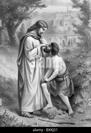 Vintage print c1873 depicting Christ restoring sight to a blind man - a miracle outlined in the Gospel of John (Chapter 9). Stock Photo