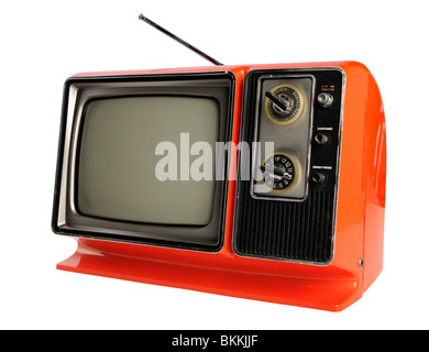 Orange vintage television with antenna isolated over white background - With clipping path Stock Photo