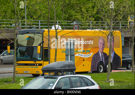 Liberal Democrats 2010 General Election yellow battle bus on a campaign visit to Newport South Wales UK Stock Photo