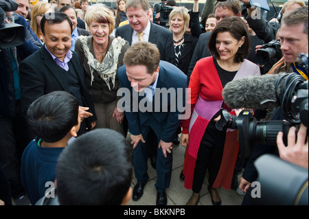 Liberal Democrats leader Nick Clegg and wife Miriam surrounded by supporters and media on campaign visit to Newport South Wales Stock Photo