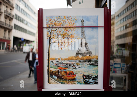 Paris, France, Large Art Reproduction of Eiffel Tower Painting, on Display Outside Tourist Shop, on Street, souvenirs paris Stock Photo