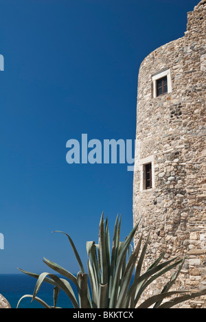 The Tower of Crispi overlooking the sea in the old Kastro, Naxos Island, Greece Stock Photo