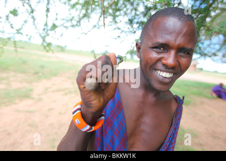 Kenya, Africa, village of Makutano, near Amboseli, portrait of Masaai man Stock Photo