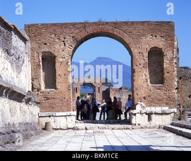 View of Celebratory Arch showing Mount Vesuvius, Ancient City of Pompeii, Pompei, Metropolitan City of Naples, Campania Region, Italy Stock Photo