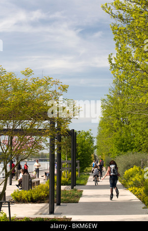 The laid-out esplanade of Vichy for pedestrians and joggers (France). Roller skating on cycle track (bicycle path, bicycle lane) Stock Photo