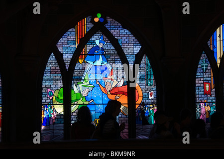 Stained Glass Window, Paris, France, Theme Parks, Families Visiting Disneyland Paris, Sleeping Beauty Castle Stock Photo