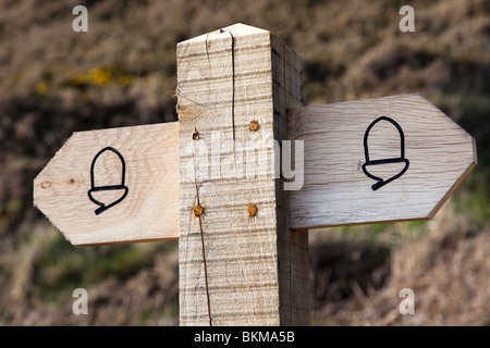 Oak waymark post with acorn sign for the Pembrokeshire Coast Path Manorbier Wales UK Stock Photo