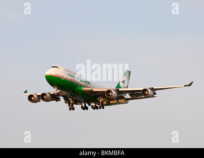 An EVA Air Boeing 747 jet airliner on final approach for landing at Vancouver International Airport (YVR). Stock Photo