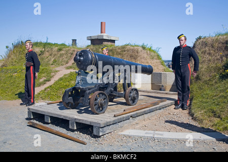 A British infantry reenactment on Citadel Hill in Halifax, Nova Scotia, Canada.  The canon is fired every day at noon. Stock Photo