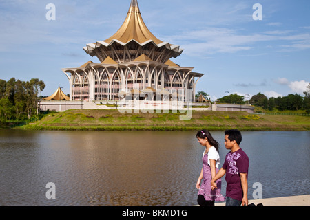 Kuching waterfront with the new Sarawak State Legislative Assembly beyond.  Kuching, Sarawak, Borneo, Malaysia. Stock Photo