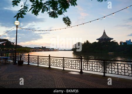The waterfront promenade at dusk.  Kuching, Sarawak, Borneo, Malaysia. Stock Photo