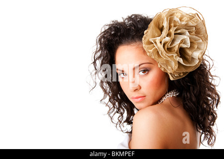 Beautiful Hispanic woman with tanned skin holding pulling up long black  hair wearing tank top, isolated Stock Photo - Alamy