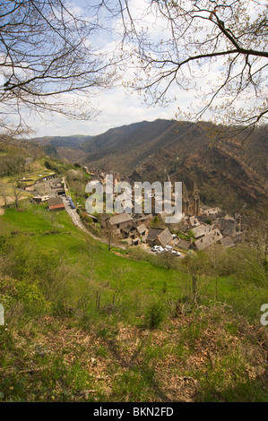 Aeriel View of the Beautiful Medieval Town of Conques with Ancient French Architecture Aveyron Midi-Pyrenees France Stock Photo