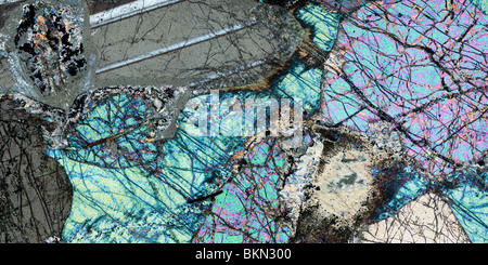 Peroditite Tertiary rock sample photographed 10x to show mineral colours in polarised light Stock Photo