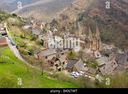 Aeriel View of the Beautiful Medieval Town of Conques with Ancient French Architecture Aveyron Midi-Pyrenees France Stock Photo