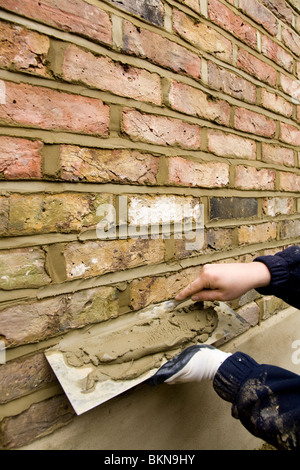 A brick wall being re-pointed / pointing a wall. Stock Photo