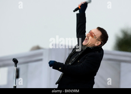 Bono performs during the Inaugural Concert held at the Lincoln Memorial. Stock Photo