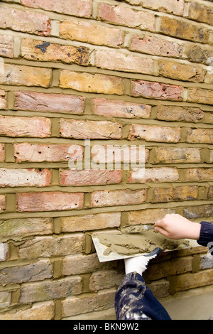 A brick wall being re-pointed / pointing a wall. Stock Photo