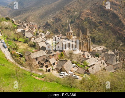 Aeriel View of the Beautiful Medieval Town of Conques with Ancient French Architecture Aveyron Midi-Pyrenees France Stock Photo