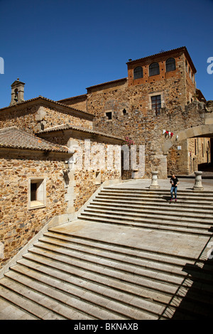 Arco de la Estrella Ermita de la Paz and Tower Bujaco in historic center of Cáceres, Extremadura, Spain Stock Photo