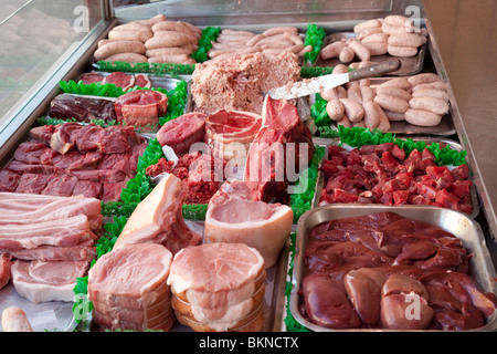 meat display in a butchers shop Stock Photo