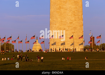 Base of the Washington Monument and the dome of the US Capitol Building in the glow of sunset, Washington DC USA Stock Photo