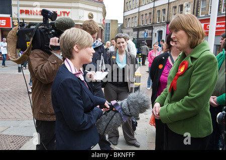 Harriet Harman MP interviewed by the tv news crew while campaigning for Labour Party in Newport West constituency South Wales UK Stock Photo