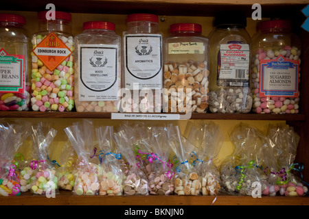 Old Fashioned Sweet Shop, Boiled sweets & Jars with packets of confectionery, Arbroath, Scotland, UK Stock Photo
