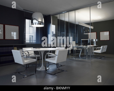 Office environment with tables, desks, chairs and computers Stock Photo ...