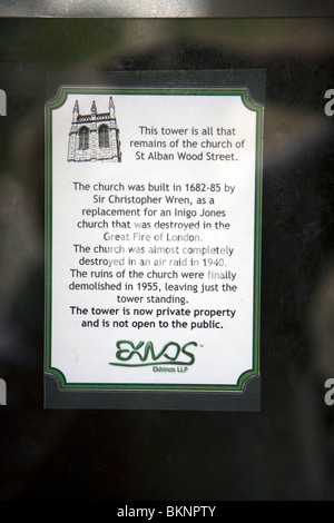 Information sign for St Alban church tower, Wood Street, London, England Stock Photo