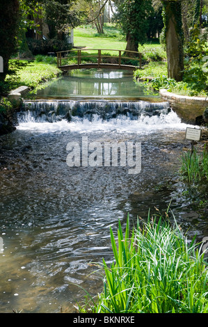 The river Glyme at Glympton, Oxfordshire, with a footbridge and small waterfall / weir, spring sunshine, Stock Photo