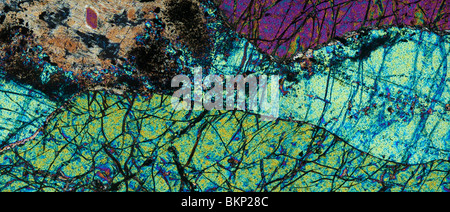 Peroditite Tertiary rock sample photographed to show mineral colours in polarised light Stock Photo