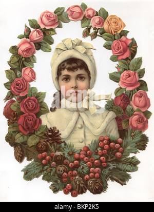 Young Girl Surrounded by Red and Pink Roses Stock Photo