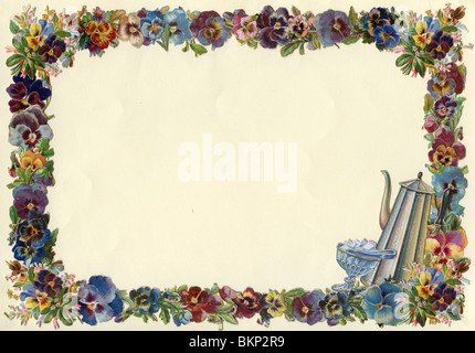 Floral Pansy Border With Brass Tea pot and Glass Sugar Bowl Stock Photo