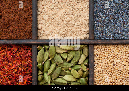 Indian spices in an old wooden tray Stock Photo