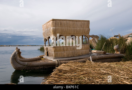 boat made from reeds at Uros floating islands, Lake Titicaca, Peru Stock Photo