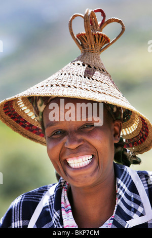 Woman wearing traditional basotho hat, Lesotho, Maseru Stock Photo