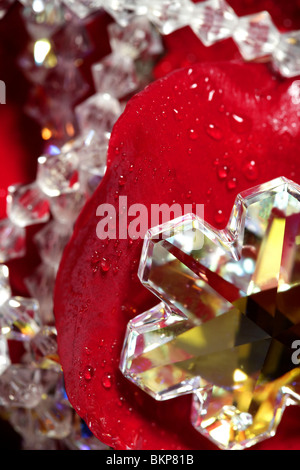 Shiny jewelry over bed or red rose petals Stock Photo