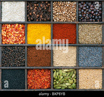 Indian spices in an old wooden tray. Flat lay photography from above Stock Photo