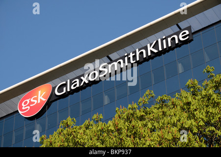 The GlaxoSmithKline branding on their head office building in Brentford, Middx, UK. Stock Photo