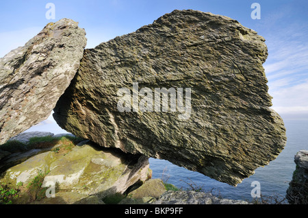 Balanced Devonian Limestone Rock on top of Castle Rock, Valley Of The Rocks, Exmoor, Devon Stock Photo
