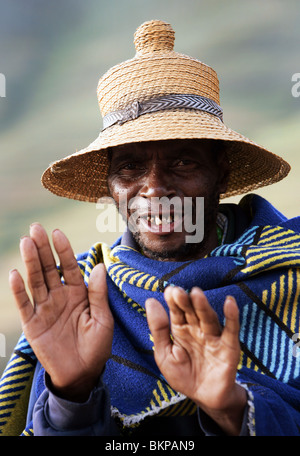 old man wearing traditional basotho hat, Lesotho Stock Photo