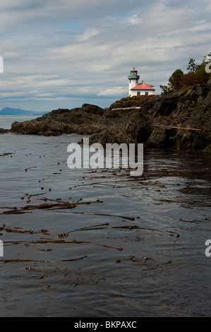 Lime Kiln lighthouse is located on the west side of San Juan Island, Washington, the largest island of the archipelago. Stock Photo