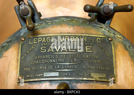 Close-up of the plaque of manufacture on a copper still in the Van Ryn distillery in Stellenbosch, South Africa. Stock Photo